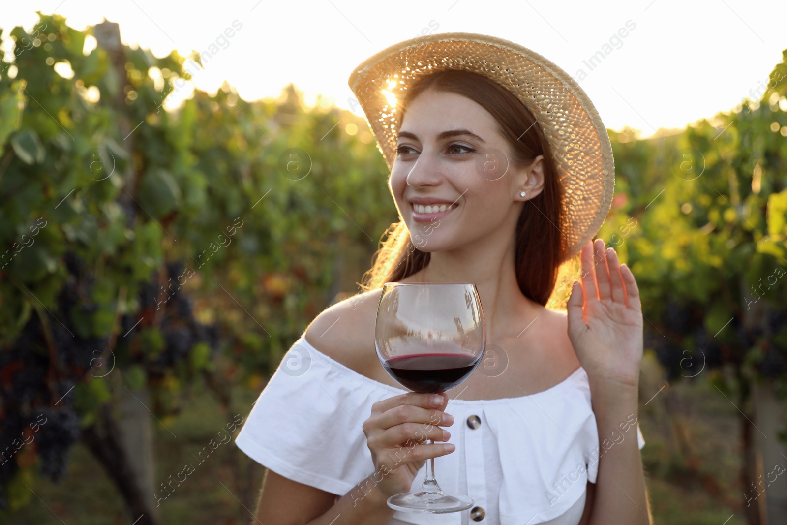 Photo of Beautiful young woman with glass of wine in vineyard on sunny day