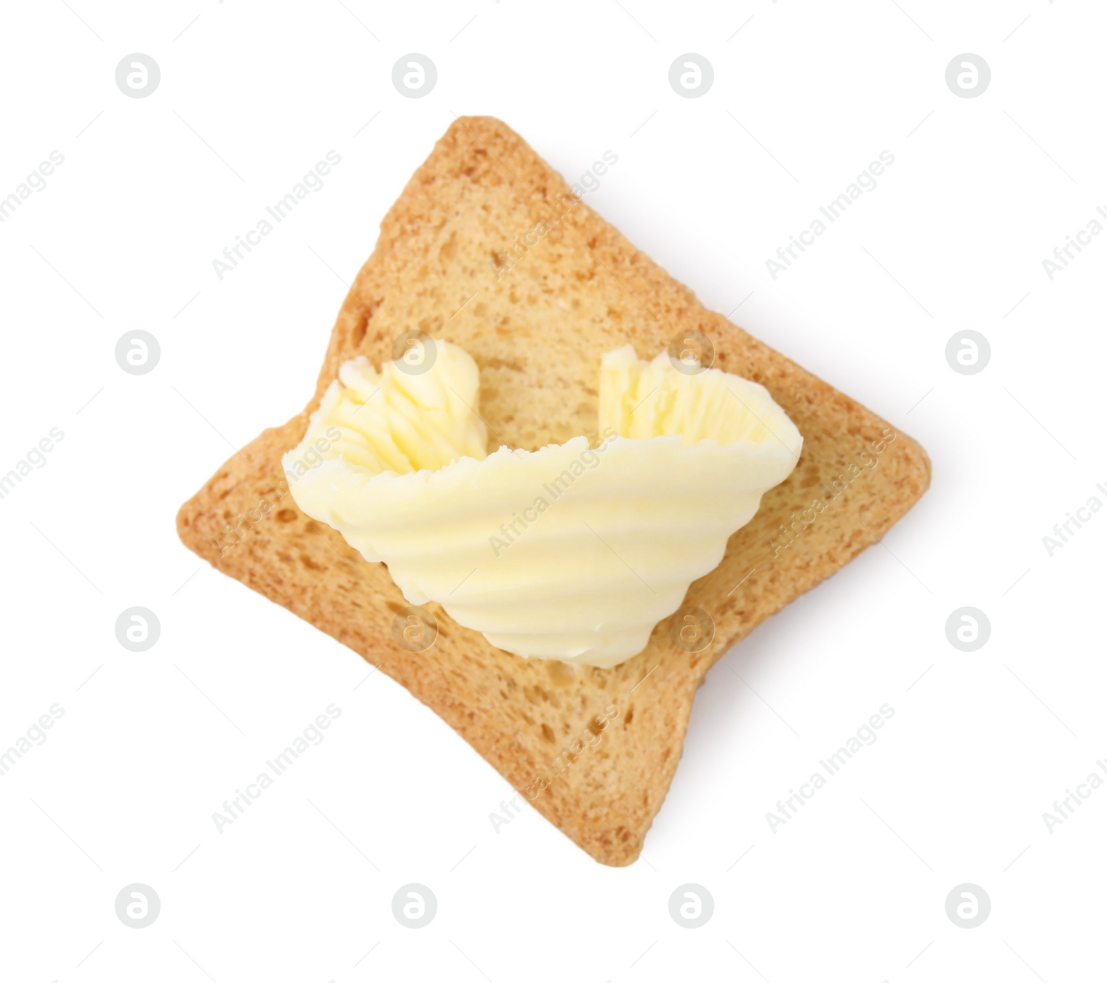 Photo of Tasty butter curl and piece of dry bread isolated on white, top view