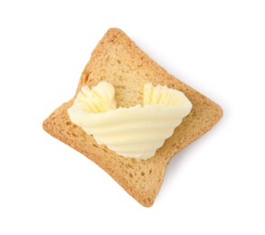 Tasty butter curl and piece of dry bread isolated on white, top view