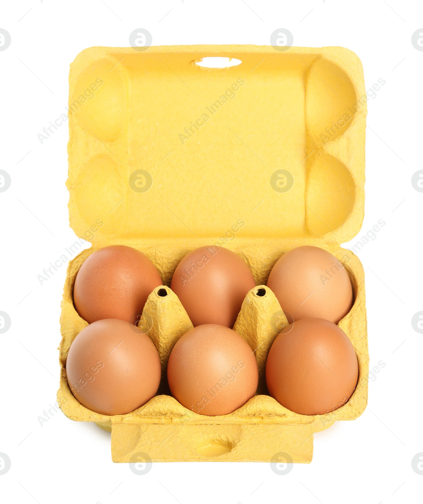 Photo of Chicken eggs in carton isolated on white