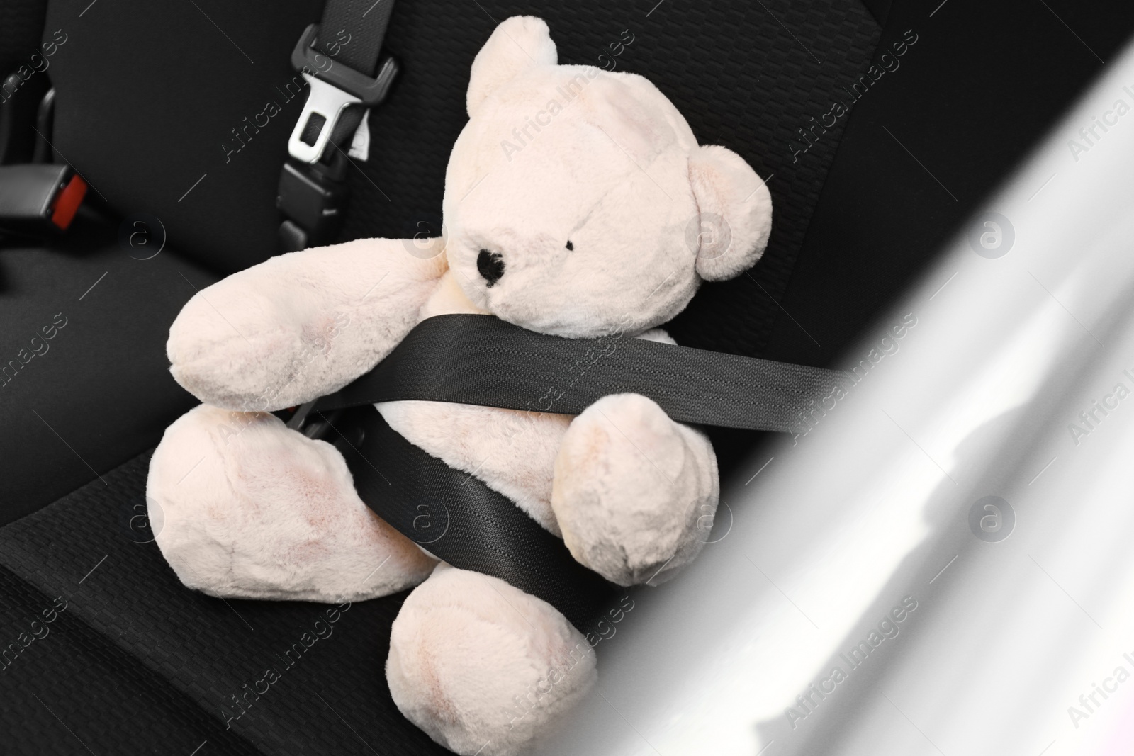 Photo of Child's toy bear buckled with safety belt on car backseat. Prevention of danger