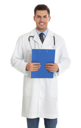 Portrait of doctor with clipboard on white background