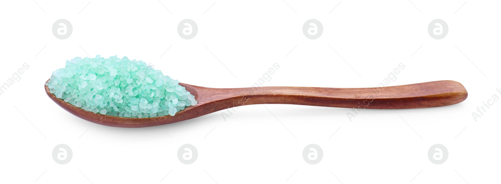 Photo of Wooden spoon with turquoise sea salt isolated on white