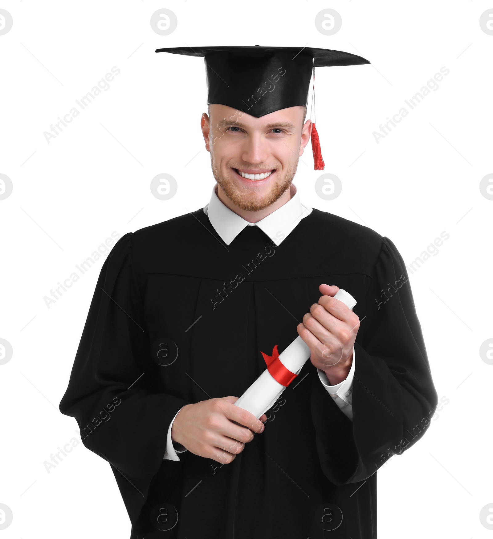 Photo of Happy student with graduation hat and diploma on white background