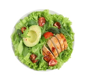 Delicious salad with chicken, cherry tomato and avocado in bowl isolated on white, top view