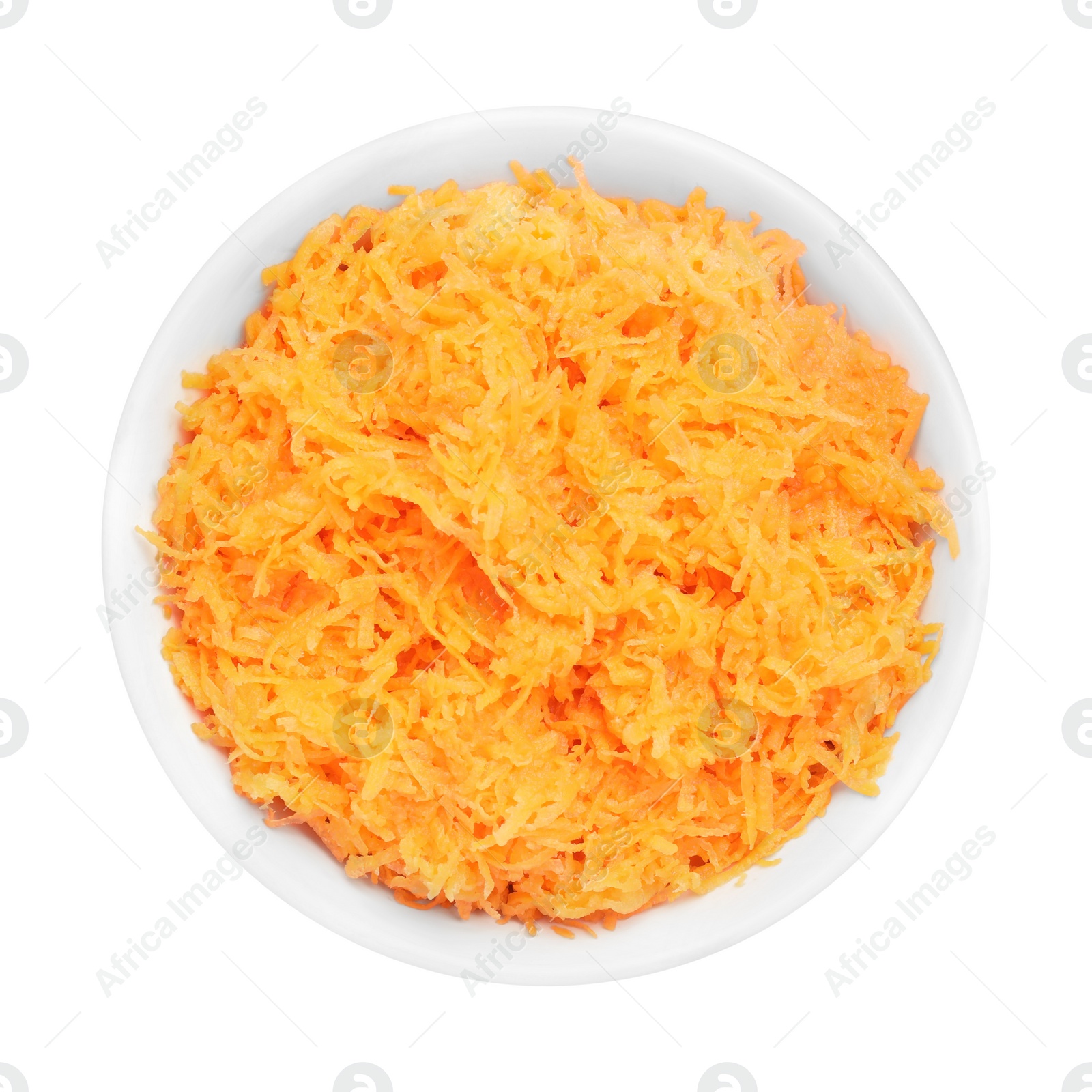 Photo of Fresh grated carrot in bowl isolated on white, top view