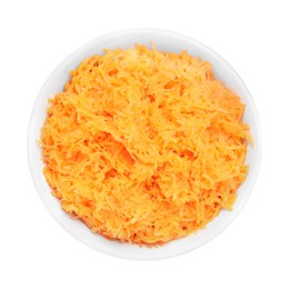 Photo of Fresh grated carrot in bowl isolated on white, top view