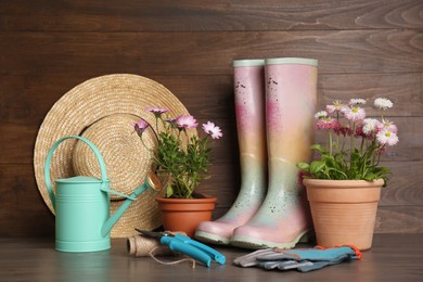 Beautiful blooming plants, gardening tools and accessories on wooden table