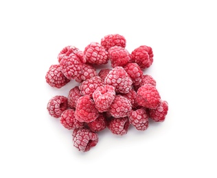 Heap of tasty frozen raspberries on white background, top view