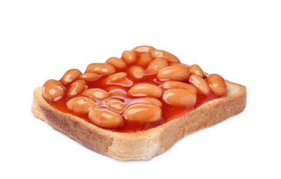 Photo of Delicious bread slice with baked beans isolated on white