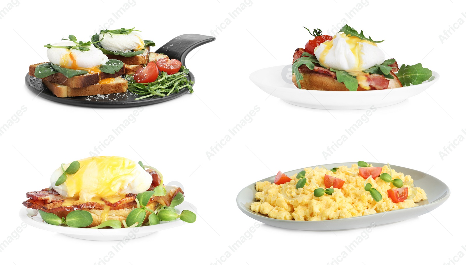 Image of Set of different egg dishes on white background