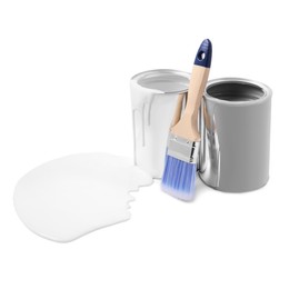 Photo of Spilled paint, brush and cans on white background