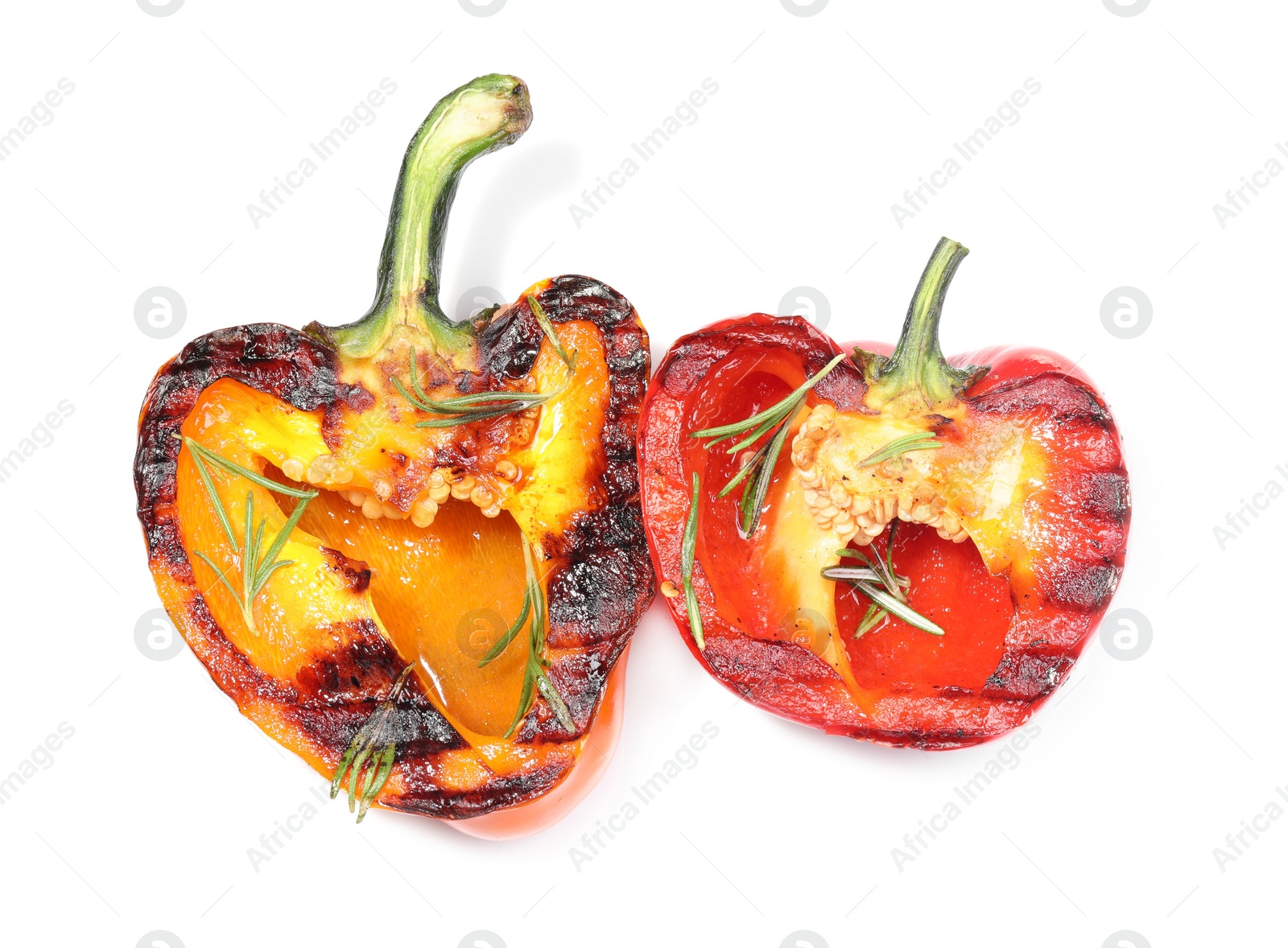 Photo of Tasty grilled bell peppers and rosemary isolated on white, top view