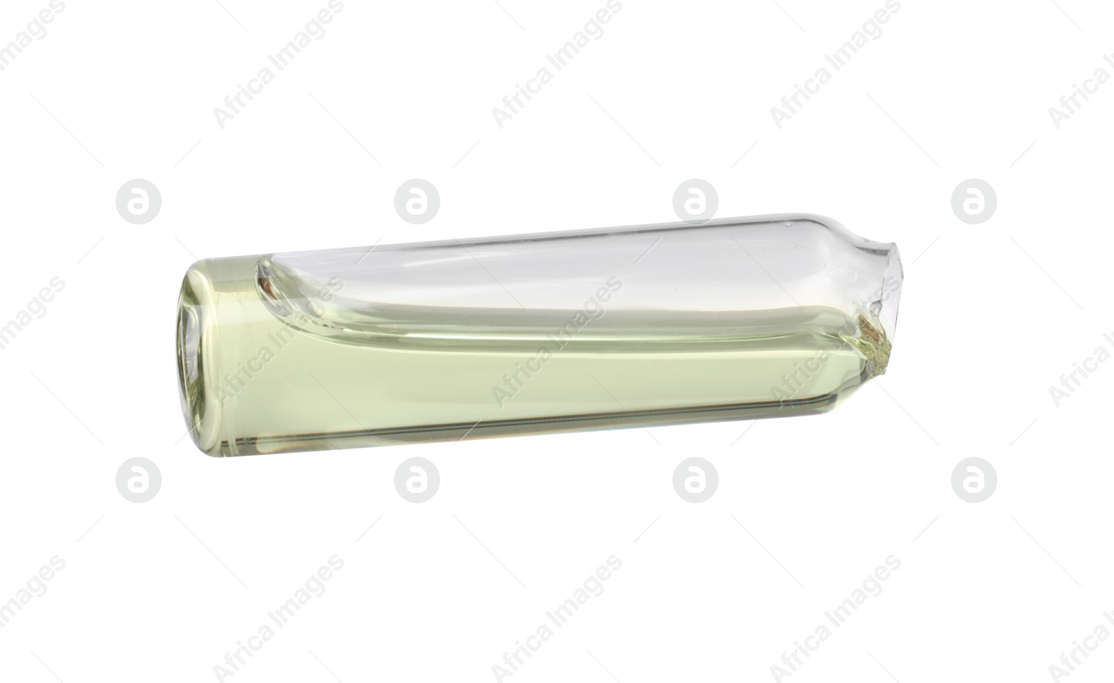 Photo of Open glass ampoule with liquid isolated on white