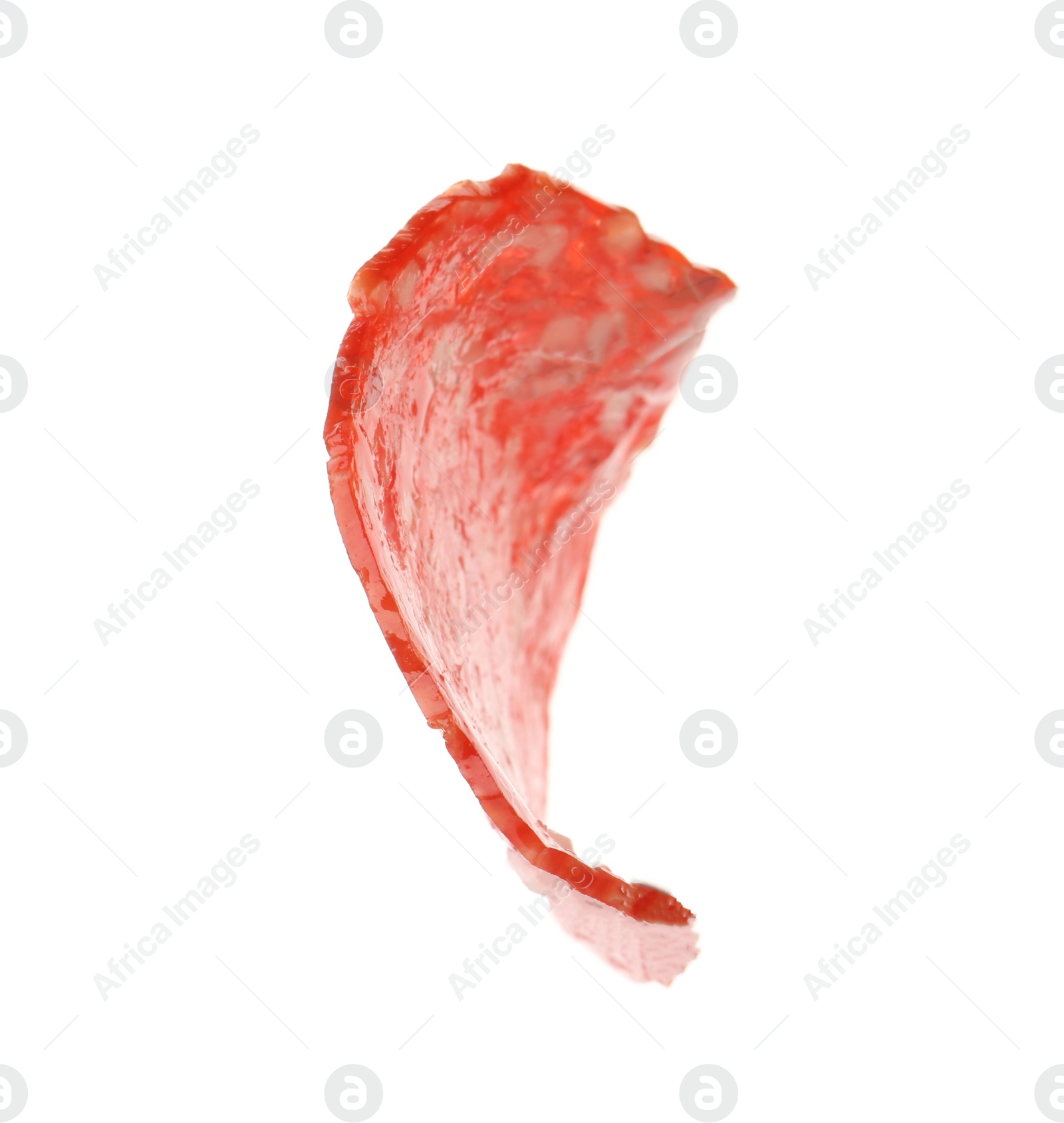 Photo of Slice of tasty salami on white background