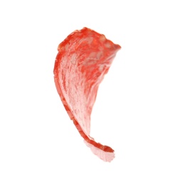 Photo of Slice of tasty salami on white background