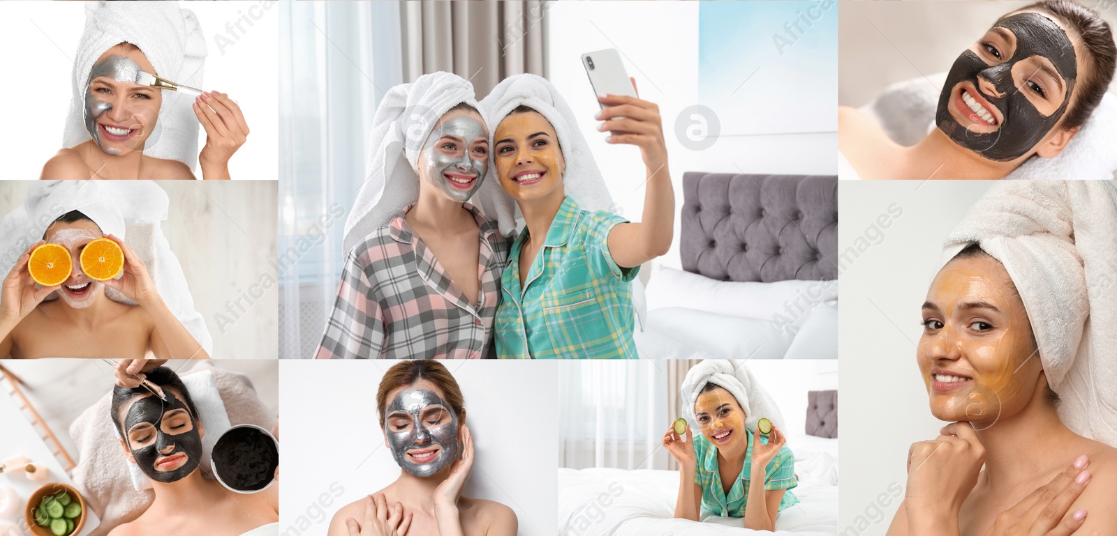 Image of Collage with photos of women with cleansing and moisturizing masks on faces. Banner design