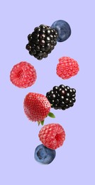 Image of Blackberries, blueberries, strawberry and raspberries falling on blue violet background