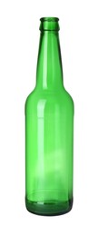 Photo of One empty green beer bottle isolated on white