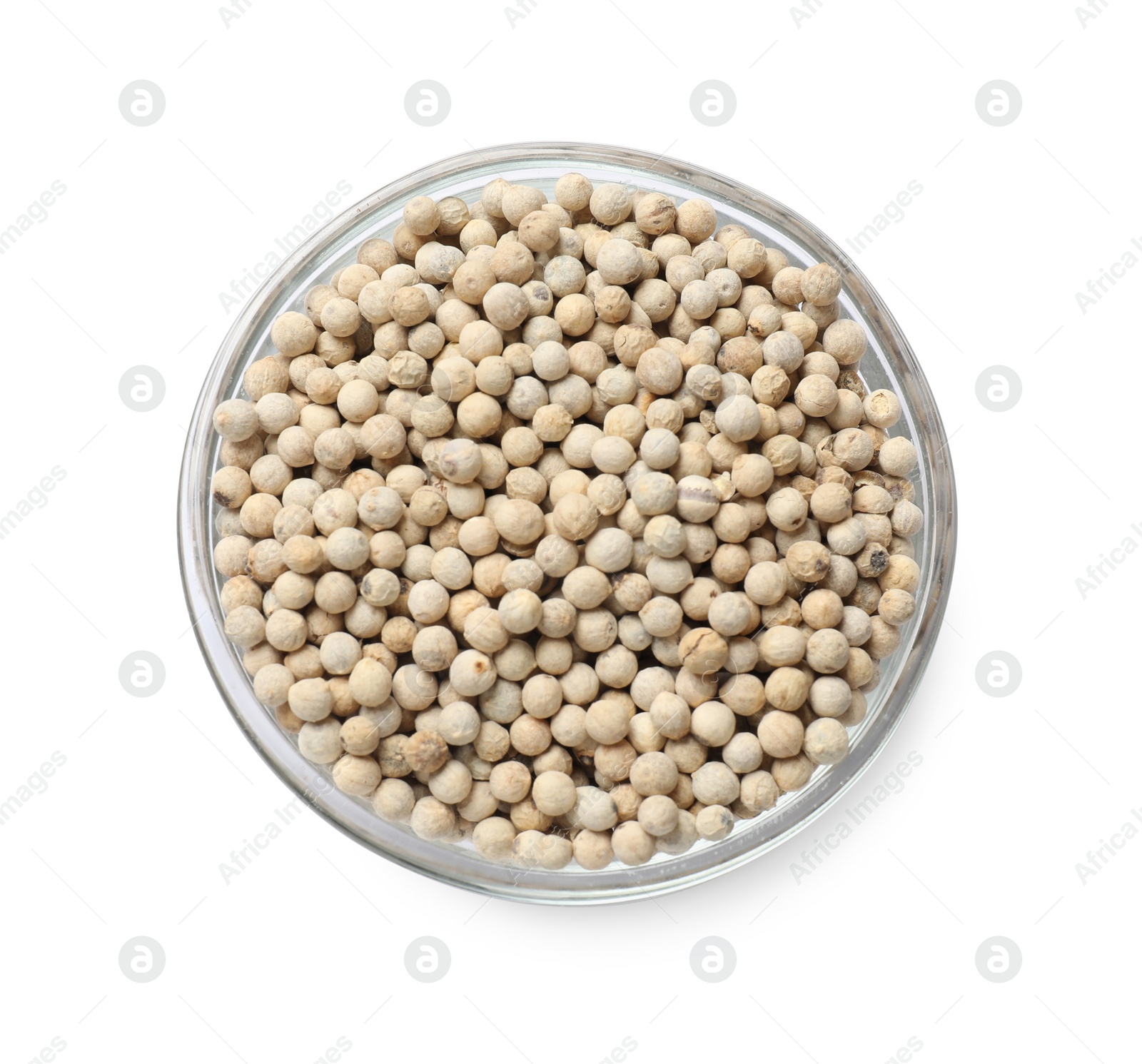 Photo of Aromatic spice. Many peppercorns in bowl isolated on white, top view