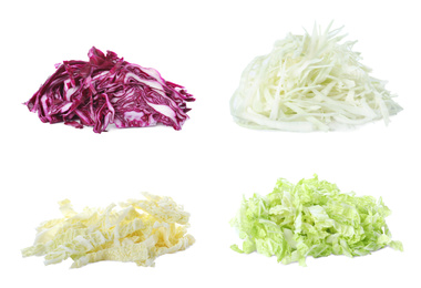 Image of Set of different chopped cabbages on white background