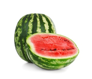 Photo of Delicious whole and cut watermelons isolated on white