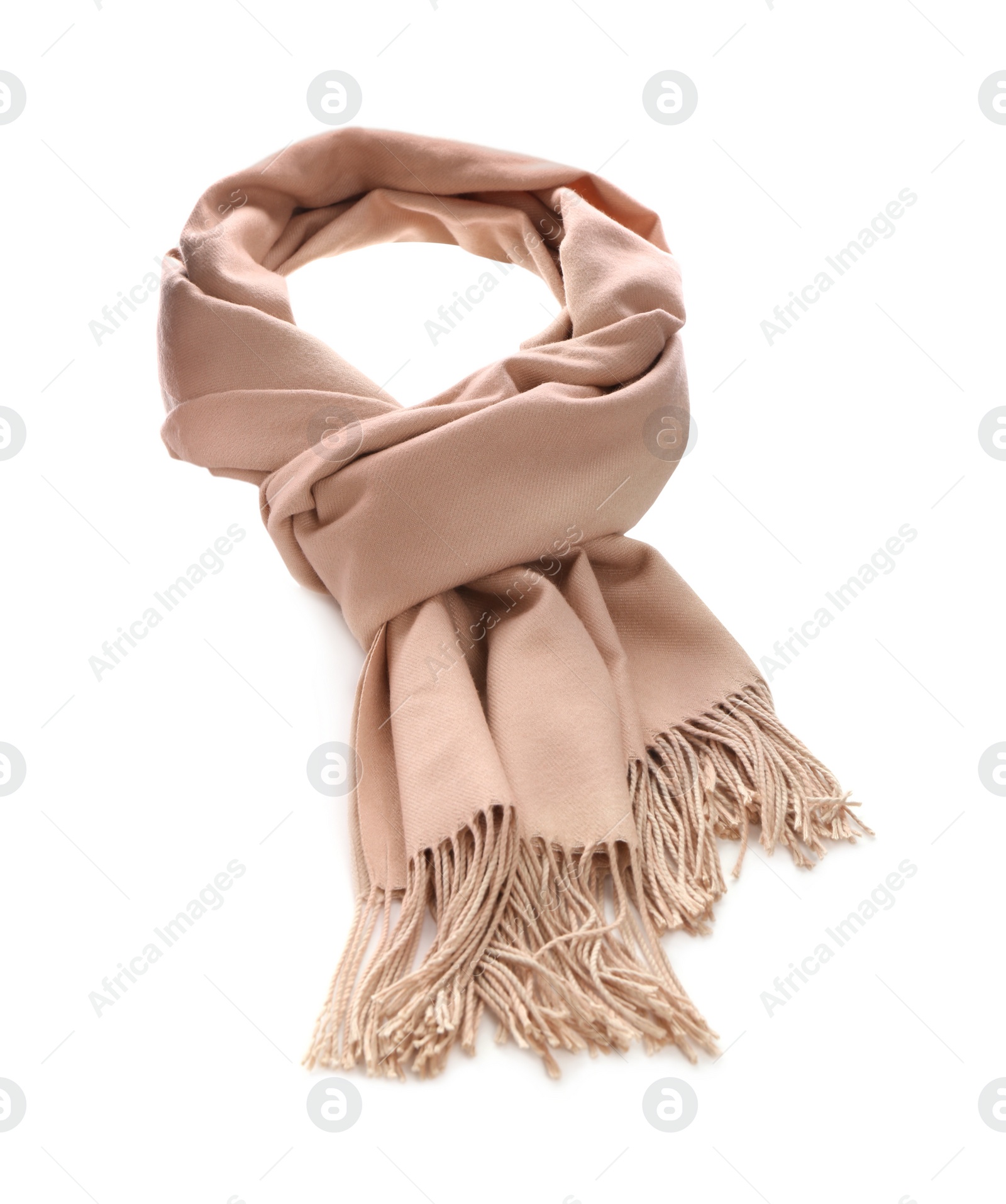 Photo of Beige scarf isolated on white. Stylish accessory