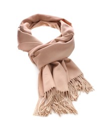 Photo of Beige scarf isolated on white. Stylish accessory
