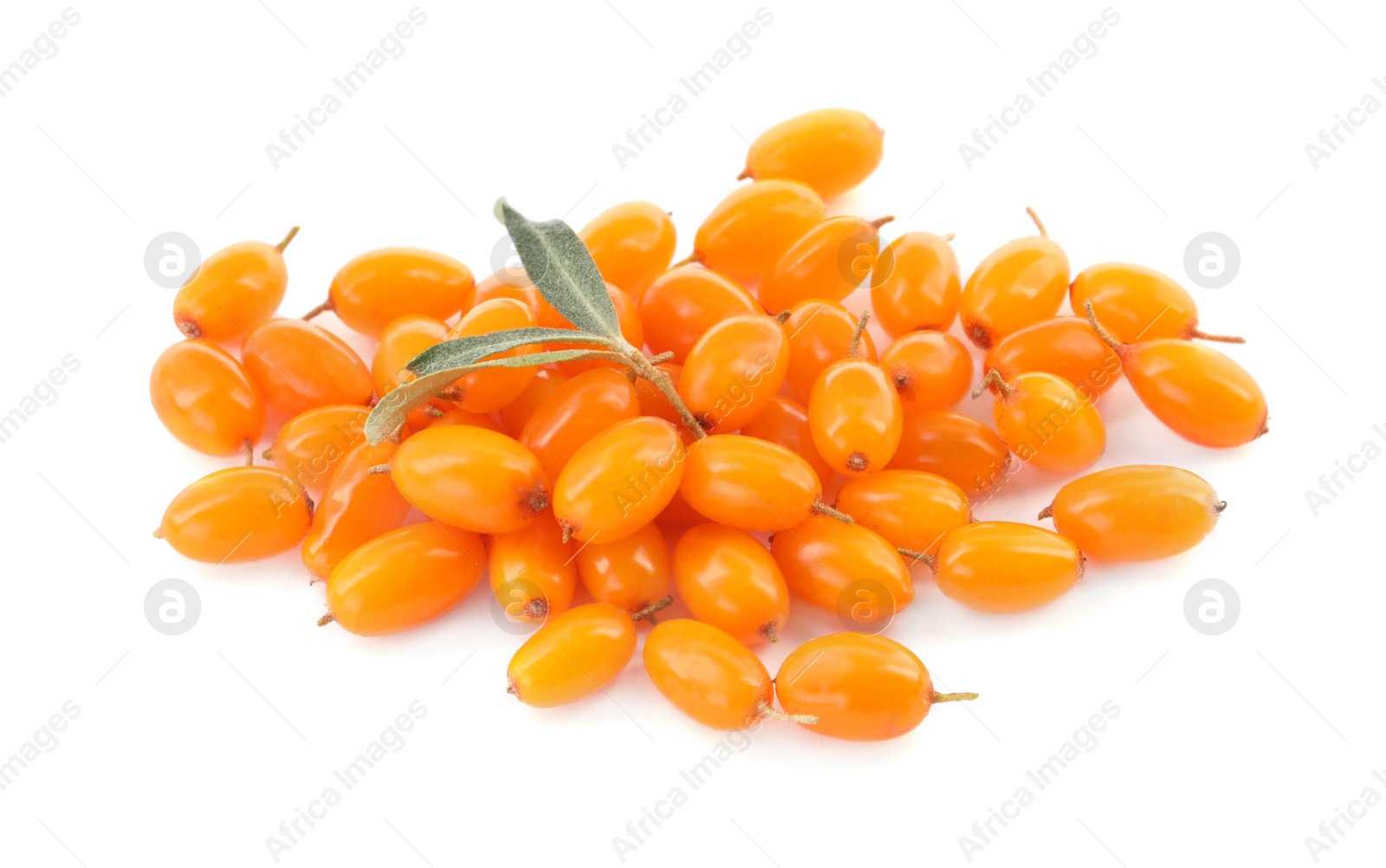 Photo of Fresh ripe sea buckthorn berries with leaves on white background