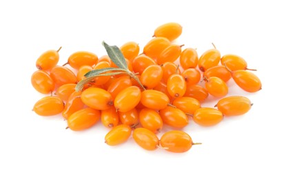 Photo of Fresh ripe sea buckthorn berries with leaves on white background