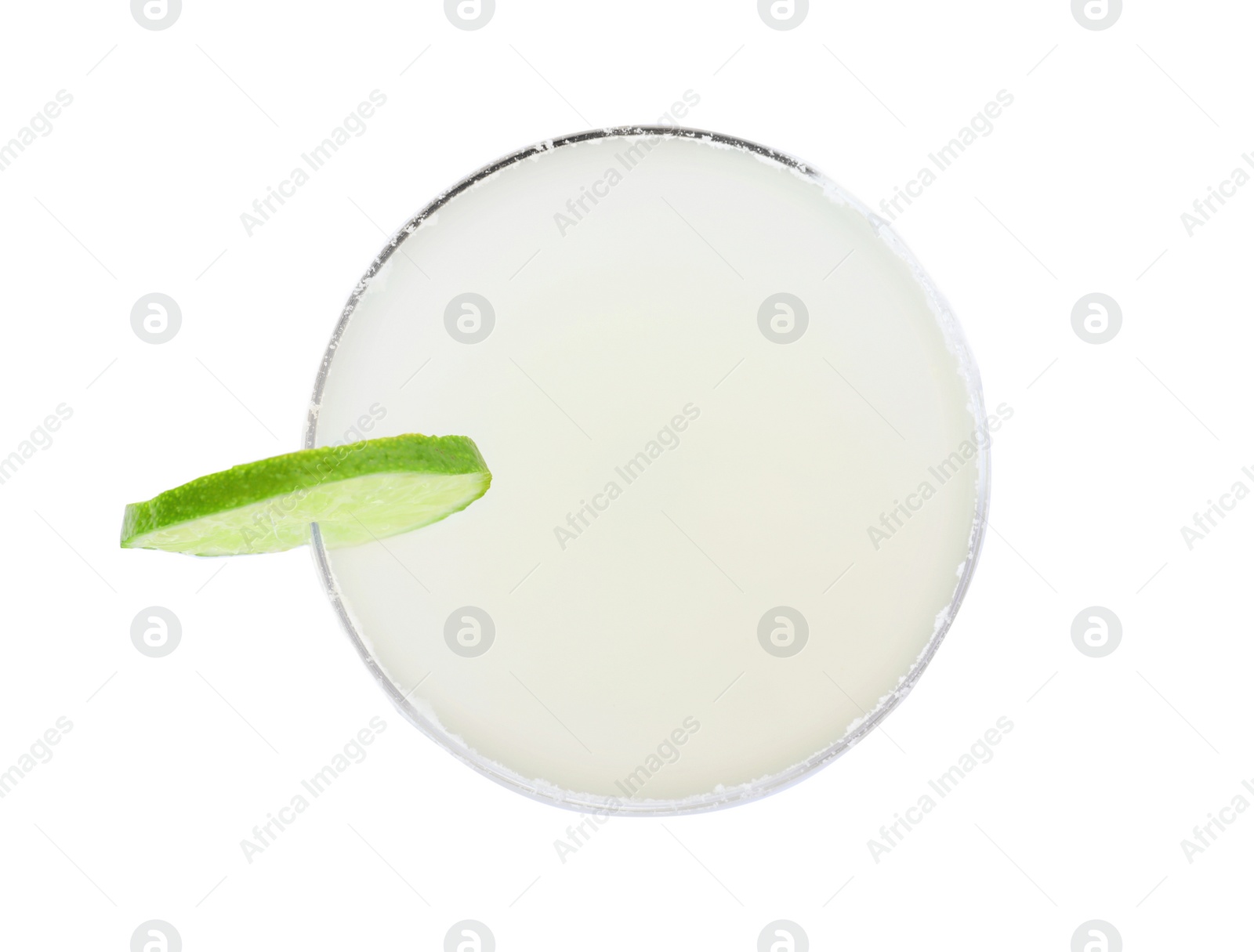 Photo of Glass of Margarita cocktail on white background, top view. Traditional alcoholic drink