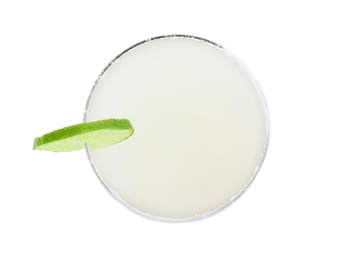 Glass of Margarita cocktail on white background, top view. Traditional alcoholic drink
