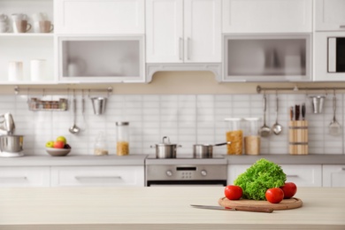 Photo of Products and blurred view of kitchen interior on background