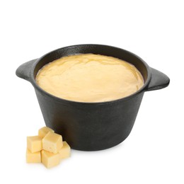 Fondue with tasty melted cheese and pieces isolated on white
