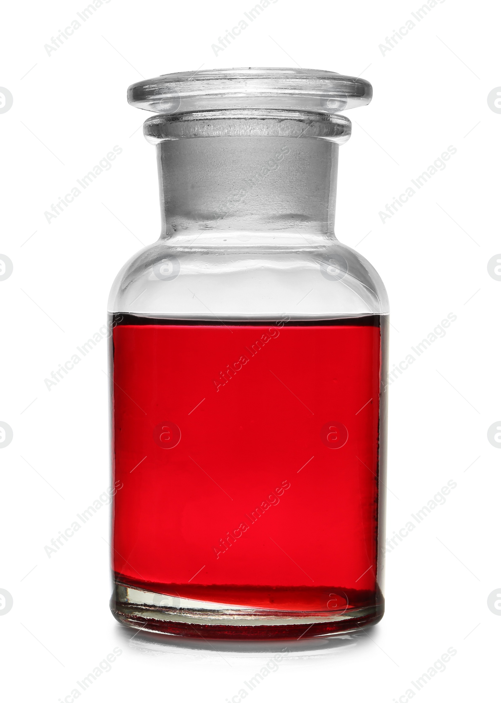 Image of Glass apothecary bottle with red liquid sample isolated on white. Laboratory analysis