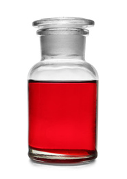 Glass apothecary bottle with red liquid sample isolated on white. Laboratory analysis