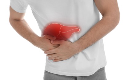 Image of Man suffering from liver pain on white background, closeup