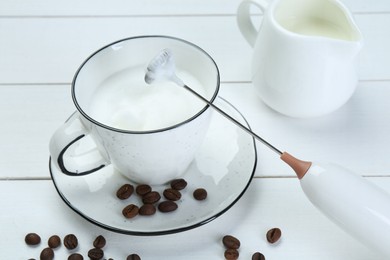 Mini mixer (milk frother), whipped milk and coffee beans on white wooden table, closeup