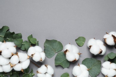 Photo of Cotton flowers and eucalyptus leaves on grey background, flat lay. Space for text