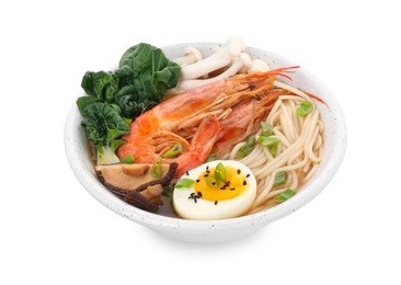 Delicious ramen with shrimps and egg in bowl isolated on white. Noodle soup