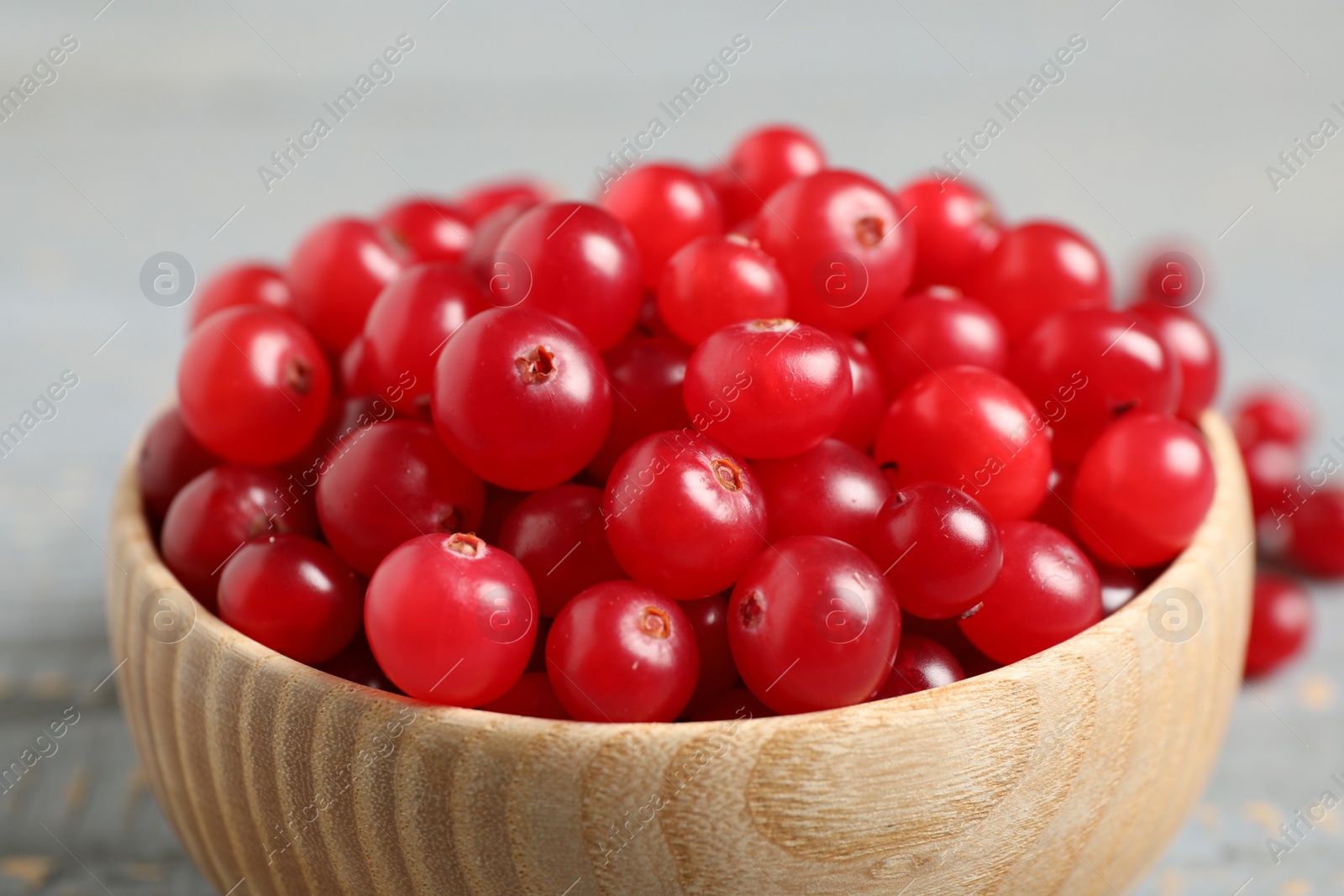 Photo of Tasty ripe cranberries on grey table, closeup