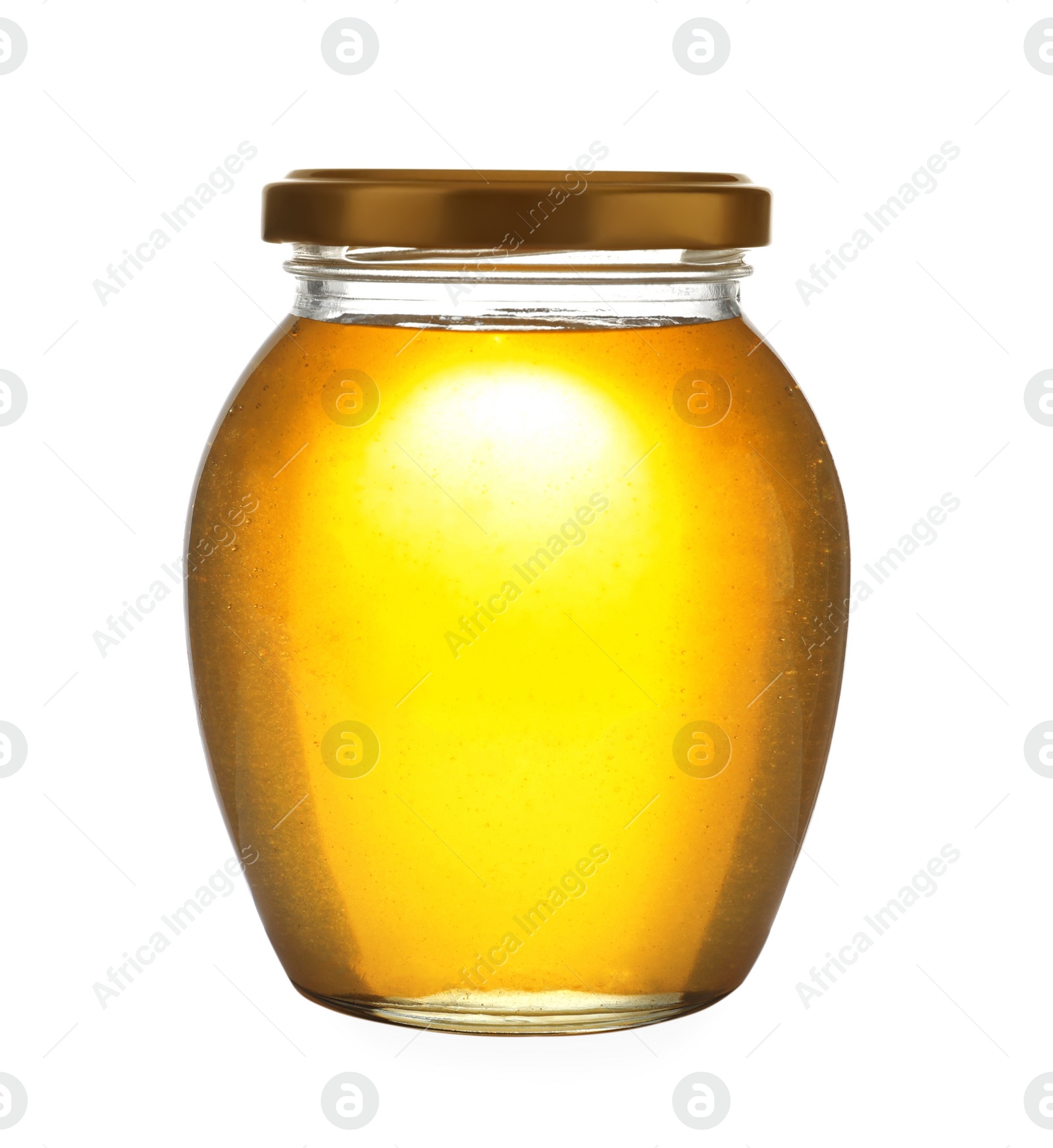 Photo of Jar with organic honey isolated on white