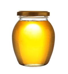 Photo of Jar with organic honey isolated on white