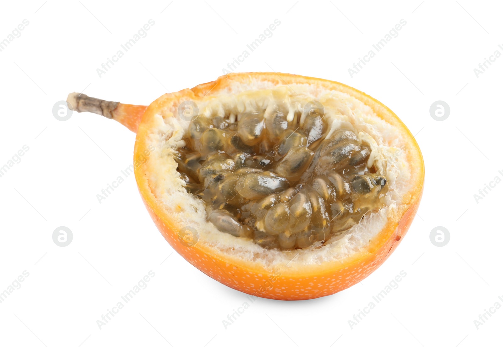 Photo of Half of delicious ripe granadilla isolated on white