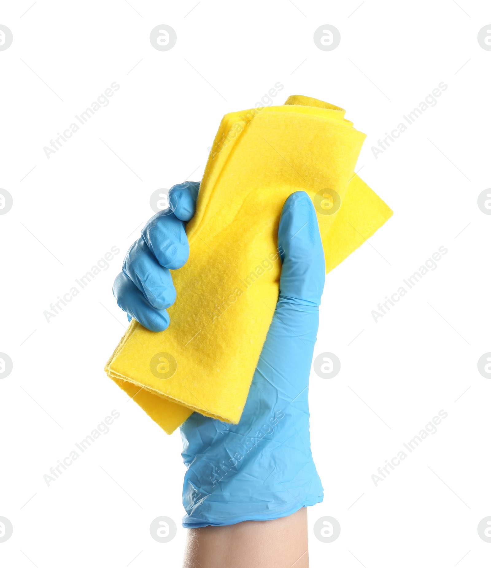 Photo of Woman in blue latex gloves with rag on white background, closeup of hand