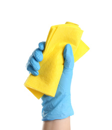 Photo of Woman in blue latex gloves with rag on white background, closeup of hand