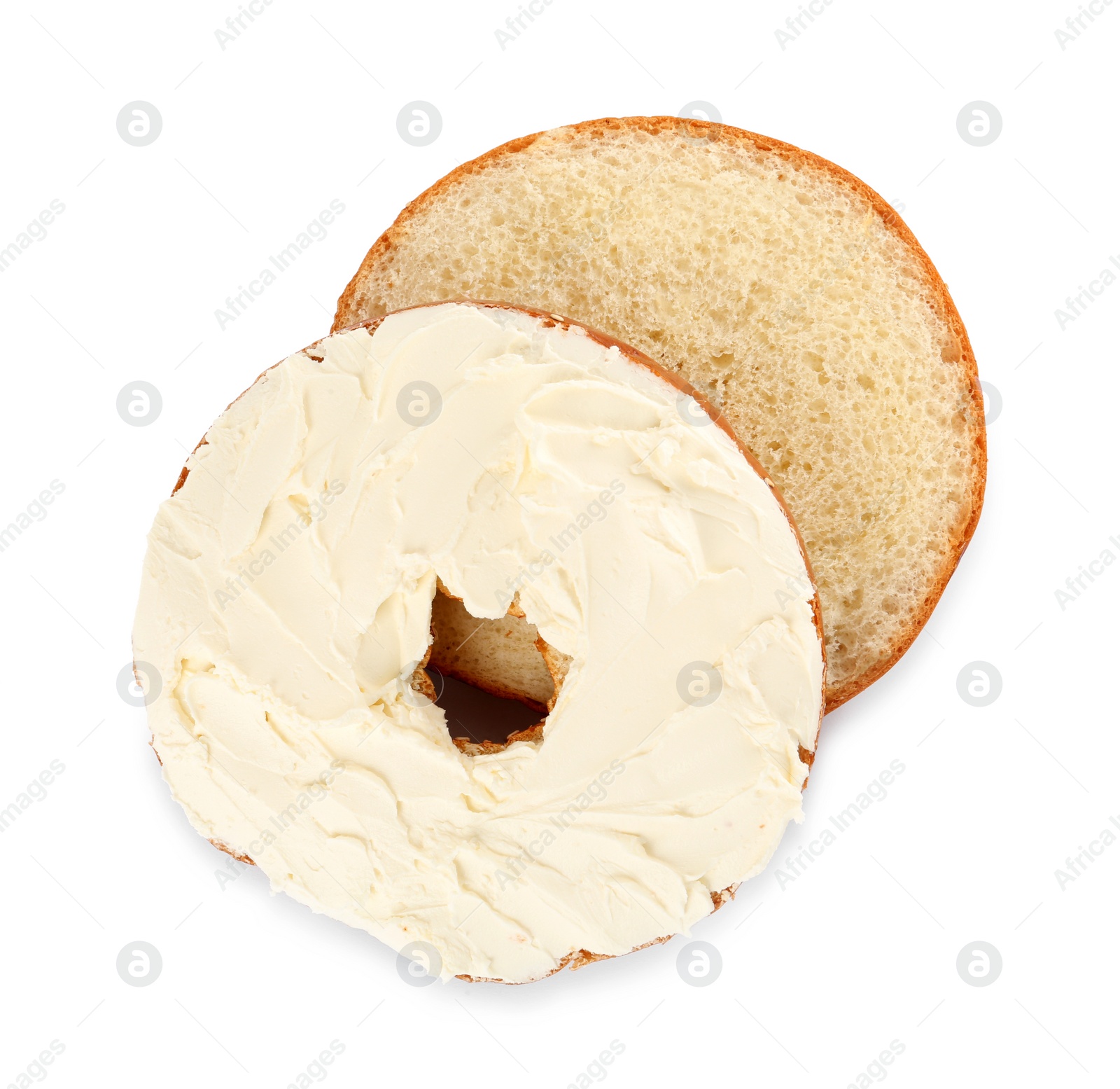 Photo of Delicious fresh bagel with cream cheese on white background, top view