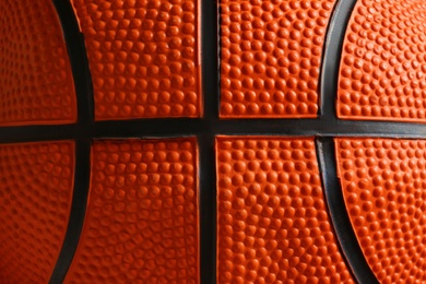 Texture of orange basketball ball as background, closeup view