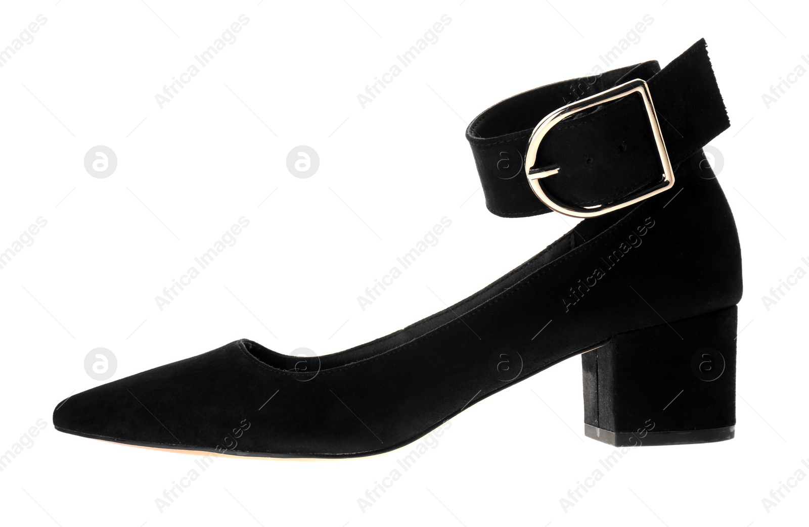 Photo of Stylish elegant black shoe isolated on white