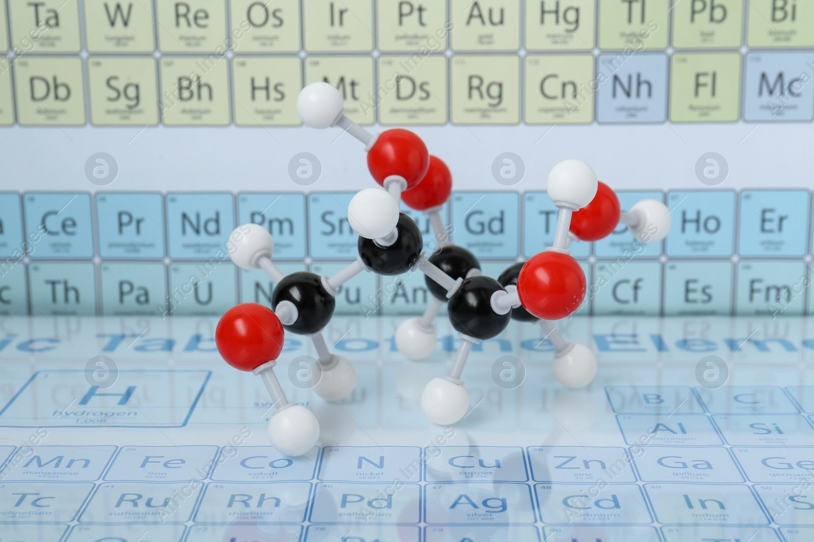 Photo of Molecular model on periodic table of chemical elements